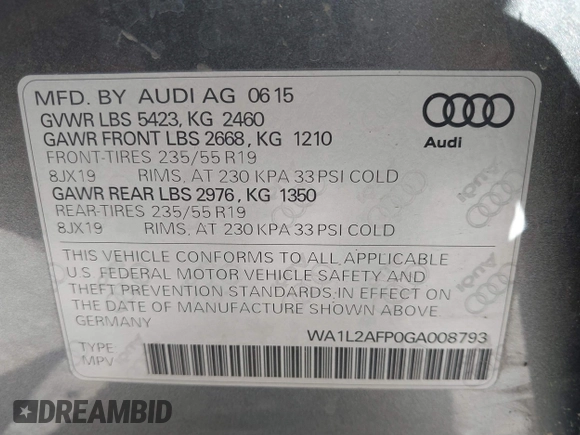 2016 Audi Q5 Premium Plus with VIN WA1L2AFP0GA008793, listed as a IAAI auction lot 41779636 with 157,442 mi miles. Bid and sale history available at carsss.com. Image 9.