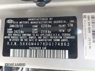 2013 Kia Optima LX with VIN 5XXGM4A78DG174862, listed as a IAAI auction lot 41823436 with 202,202 mi miles. Bid and sale history available at carsss.com. Image 9.