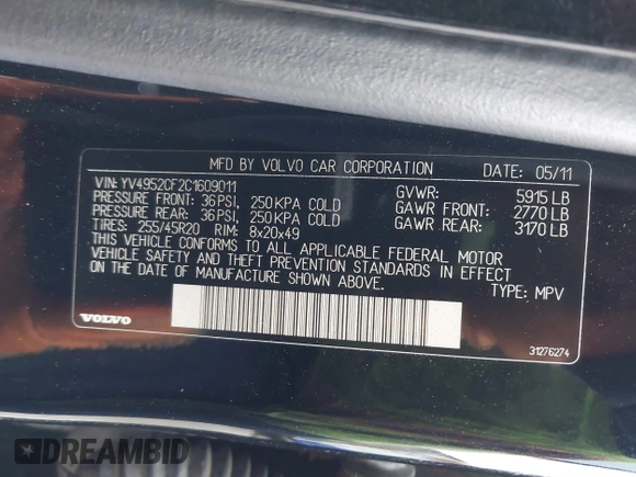 2012 Volvo XC90 I6 R-Design with VIN YV4952CF2C1609011, listed as a IAAI auction lot 41879200 with 161,665 mi miles. Bid and sale history available at carsss.com. Image 9.