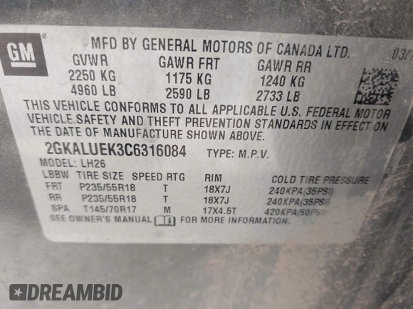 2012 GMC Terrain SLT-1 with VIN 2GKALUEK3C6316084, listed as a IAAI auction lot 42086376 with 236,683 mi miles and . Bid and sale history available at carsss.com. Image 9.
