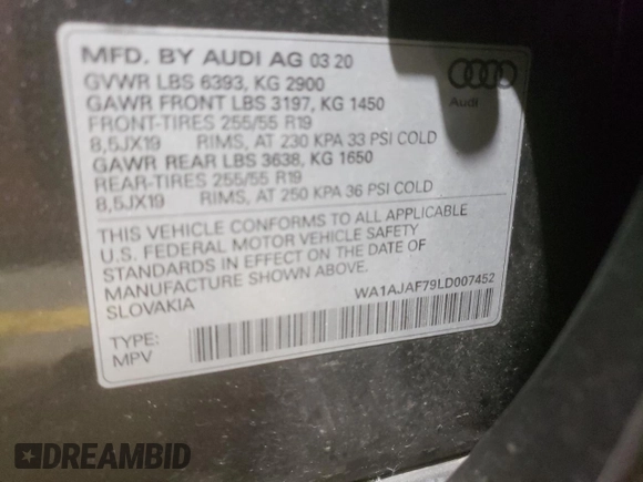 2020 Audi Q7 Premium with VIN WA1AJAF79LD007452, listed as a Copart auction lot 49701074 with 0 mi miles. Bid and sale history available at carsss.com. Image 13.
