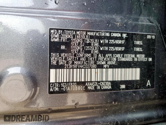 2019 Toyota RAV4 LE with VIN 2T3H1RFV4KC027080, listed as a Copart auction lot 60912315 with 39,445 mi miles and Salvage title. Bid and sale history available at DreamBid. Image 13.