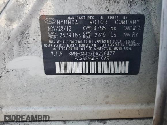 2013 Hyundai Azera with VIN KMHFG4JGXDA228477, listed as a Copart auction lot 66737275 with 111,982 mi miles and Clean title. Bid and sale history available at DreamBid. Image 12.