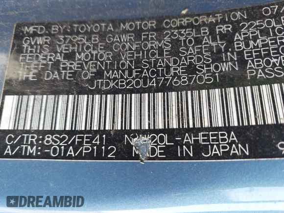 2007 Toyota Prius with VIN JTDKB20U477687051, listed as a IAAI auction lot 42655193 with Not provided miles and . Bid and sale history available at DreamBid. Image 9.