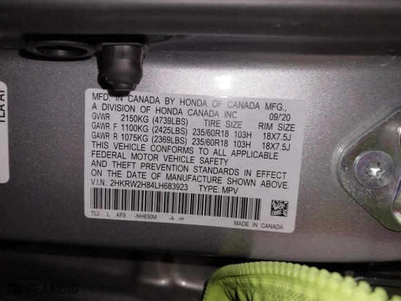 2020 Honda CR-V EX-L with VIN 2HKRW2H84LH683923, listed as a IAAI auction lot 41614813 with 1 mi miles. Bid and sale history available at carsss.com. Image 9.