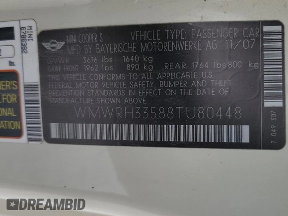 2008 MINI Convertible S with VIN WMWRH33588TU80448, listed as a Copart auction lot 87855235 with Not provided miles and Salvage title. Bid and sale history available at DreamBid. Image 14.