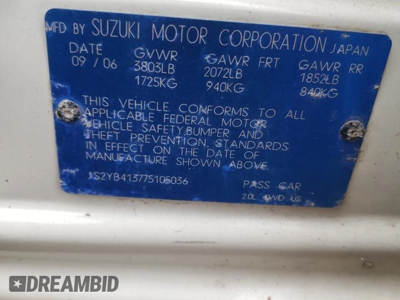 2007 Suzuki SX4 with VIN JS2YB413775105036, listed as a Copart auction lot 61984964 with 0 mi miles and Salvage Title. Bid and sale history available at carsss.com. Image 12.