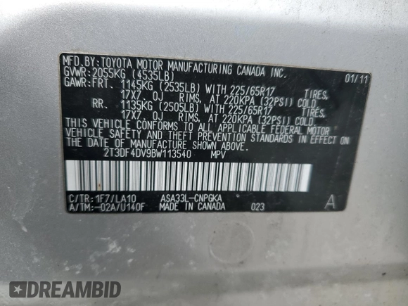 2011 Toyota RAV4 Ltd with VIN 2T3DF4DV9BW113540, listed as a Copart auction lot 50709135 with 155,077 mi miles and Clean Title. Bid and sale history available at carsss.com. Image 14.