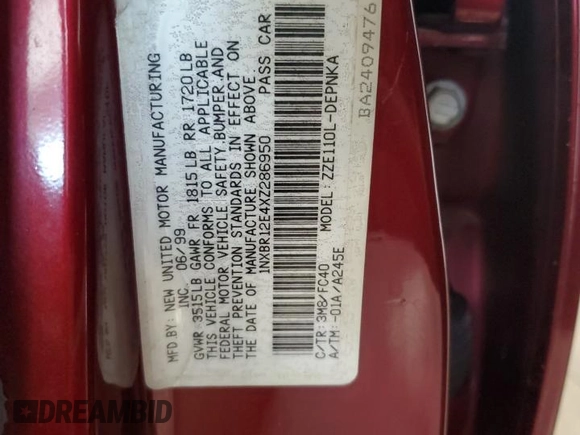 1999 Toyota Corolla VE z VIN 1NXBR12E4XZ286950, wystawiony jako Copart lot #58784525 z przebiegiem 195 720 mil mil oraz Nie do naprawy • Non repairable. Historia ofert i sprzedaży dostępna na DreamBid. Obrazek 12.