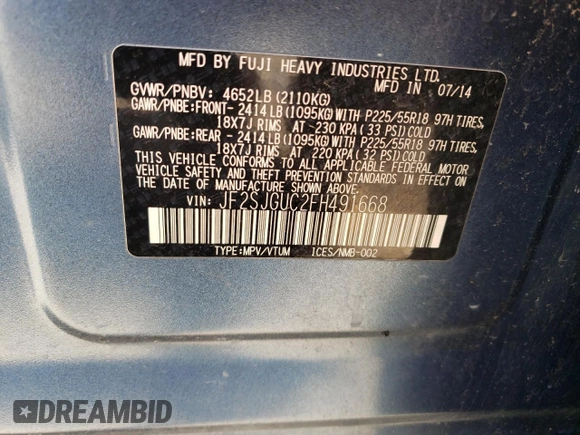 2015 Subaru Forester XT Touring with VIN JF2SJGUC2FH491668, listed as a Copart auction lot 56433925 with 159,735 mi miles and Clean title. Bid and sale history available at DreamBid. Image 13.
