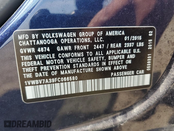 2015 Volkswagen Passat SE z VIN 1VWBV7A39FC066580, wystawiony jako Copart lot #54705935 z przebiegiem 162 056 mil mil oraz Szkoda całkowita • Salvage title. Historia ofert i sprzedaży dostępna na DreamBid. Obrazek 12.