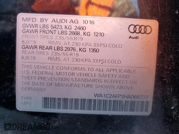 2017 Audi Q5 Premium with VIN WA1C2AFP3HA066737, listed as a Copart auction lot 88660545 with 172,669 mi miles and Salvage Title. Bid and sale history available at carsss.com. Image 14.