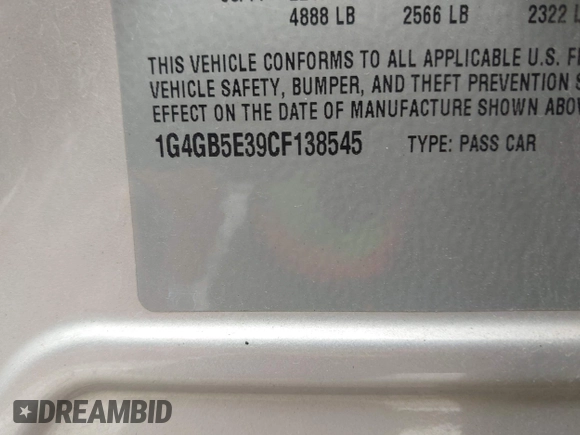 2012 Buick LaCrosse Convenience with VIN 1G4GB5E39CF138545, listed as a IAAI auction lot 42073514 with 127,871 mi miles and . Bid and sale history available at DreamBid. Image 9.
