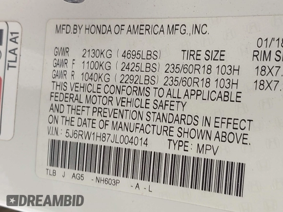 2018 Honda CR-V EX-L with VIN 5J6RW1H87JL004014, listed as a IAAI auction lot 42044697 with 182,525 mi miles. Bid and sale history available at carsss.com. Image 9.