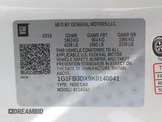 2019 Chevrolet Camaro 1LT with VIN 1G1FB3DX9K0140041, listed as a IAAI auction lot 42799146 with 140,681 mi miles and . Bid and sale history available at DreamBid. Image 9.