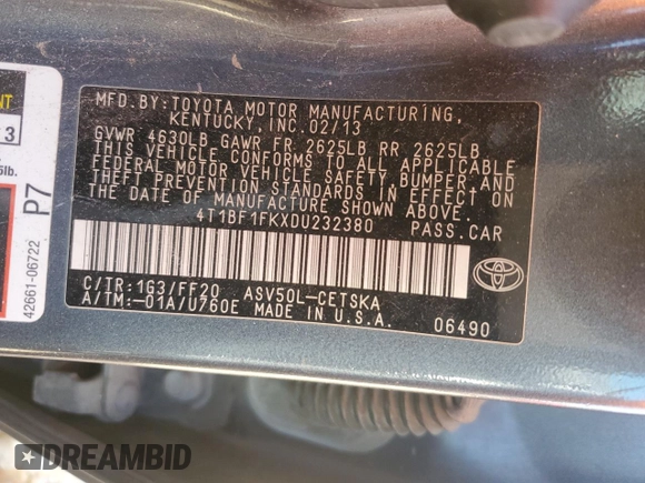 2013 Toyota Camry L with VIN 4T1BF1FKXDU232380, listed as a Copart auction lot 47668385 with Not Provided miles and Salvage Title. Bid and sale history available at DreamBid. Image 15.