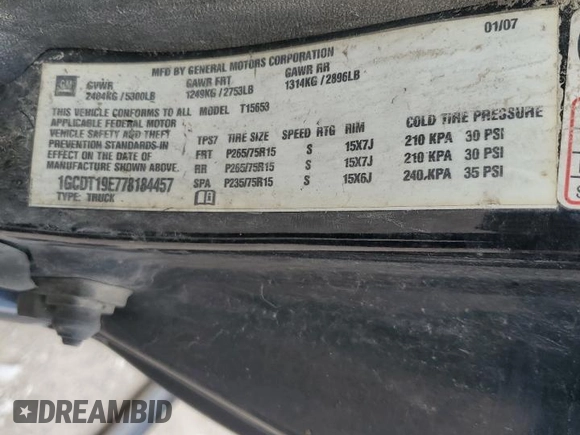 2007 Chevrolet Colorado LT w/1LT with VIN 1GCDT19E778184457, listed as a Copart auction lot 84414124 with 188,015 mi miles and Salvage Title. Bid and sale history available at carsss.com. Image 13.