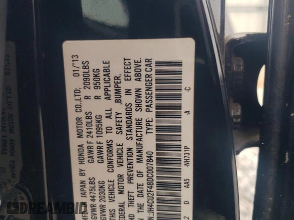 2013 Acura TSX z VIN JH4CU2F48DC007840, wystawiony jako Copart lot #59486265 z przebiegiem 191 521 mil mil oraz Szkoda całkowita • Salvage title. Historia ofert i sprzedaży dostępna na DreamBid. Obrazek 12.