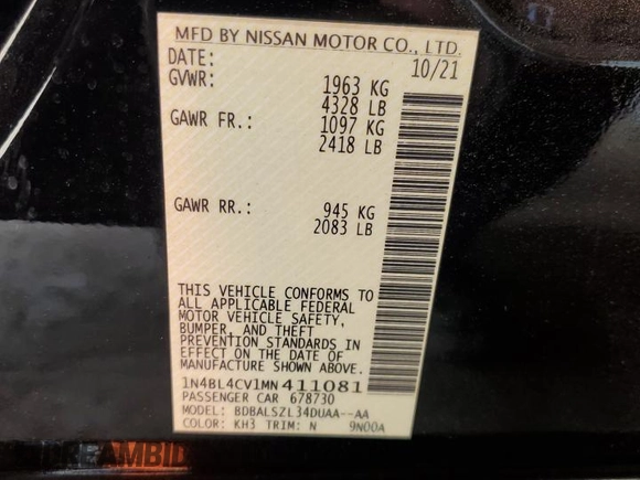 2021 Nissan Altima 2.5 SR with VIN 1N4BL4CV1MN411081, listed as a Copart auction lot 46122145 with 25,497 mi miles and Salvage Title. Bid and sale history available at carsss.com. Image 12.