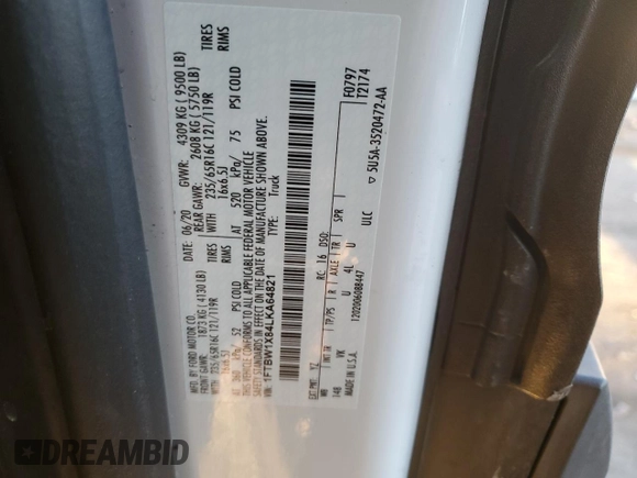 2020 Ford Transit Cargo with VIN 1FTBW1X84LKA64821, listed as a Copart auction lot 43793575 with 54,830 mi miles and Salvage title. Bid and sale history available at DreamBid. Image 14.