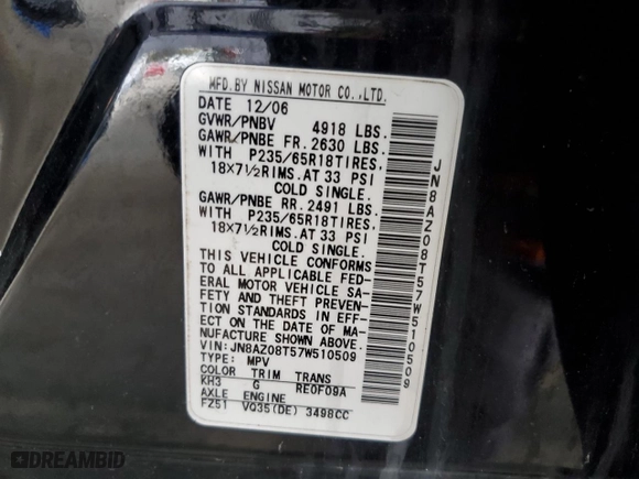 2007 Nissan Murano SL with VIN JN8AZ08T57W510509, listed as a Copart auction lot 53747415 with 100,201 mi miles and Clean Title. Bid and sale history available at carsss.com. Image 12.