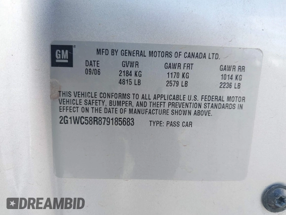 2007 Chevrolet Impala LT with VIN 2G1WC58R879185683, listed as a IAAI auction lot 41955673 with 175,224 mi miles and . Bid and sale history available at DreamBid. Image 9.