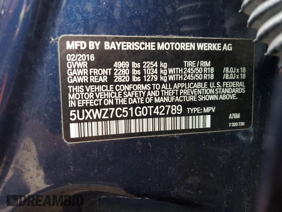 2016 BMW X3 sDrive28i with VIN 5UXWZ7C51G0T42789, listed as a Copart auction lot 48035665 with 96,792 mi miles and Salvage Title. Bid and sale history available at DreamBid. Image 14.