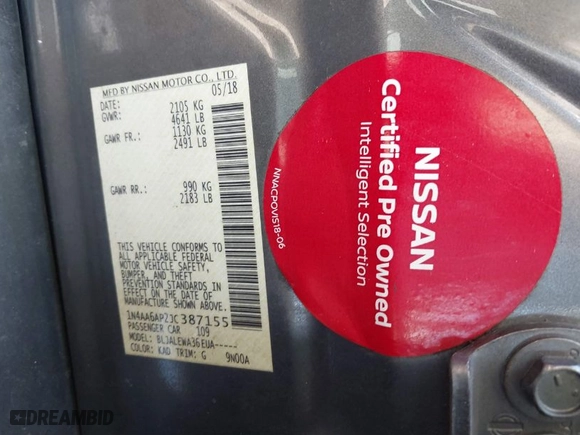2018 Nissan Maxima SL with VIN 1N4AA6AP2JC387155, listed as a IAAI auction lot 41642025 with 125,621 mi miles. Bid and sale history available at carsss.com. Image 9.