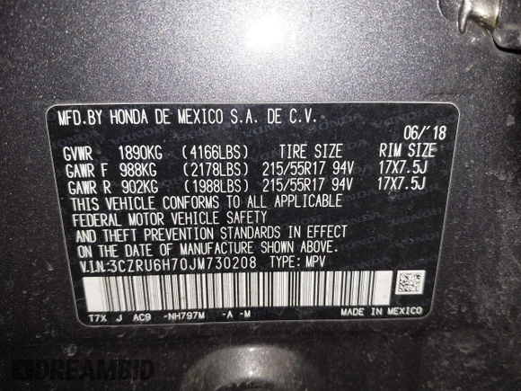 2018 Honda HR-V EX-L Navi with VIN 3CZRU6H70JM730208, listed as a IAAI auction lot 41855320 with 139,004 mi miles. Bid and sale history available at carsss.com. Image 9.