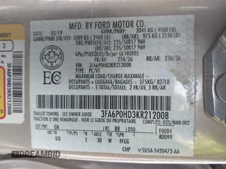 2019 Ford Fusion SE with VIN 3FA6P0HD3KR212008, listed as a IAAI auction lot 41465049 with 140,574 mi miles. Bid and sale history available at carsss.com. Image 9.
