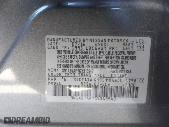 2016 Nissan Sentra SV with VIN 3N1AB7AP7GY313942, listed as a IAAI auction lot 42041890 with 177,502 mi miles and . Bid and sale history available at DreamBid. Image 9.