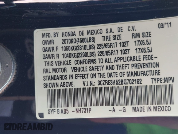 2011 Honda CR-V EX with VIN 3CZRE3H52BG702162, listed as a IAAI auction lot 41994083 with 209,075 mi miles and . Bid and sale history available at DreamBid. Image 9.