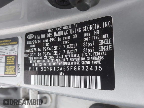 2015 Kia Sorento LX with VIN 5XYKTCA65FG632435, listed as a IAAI auction lot 41663787 with 126,722 mi miles. Bid and sale history available at carsss.com. Image 9.