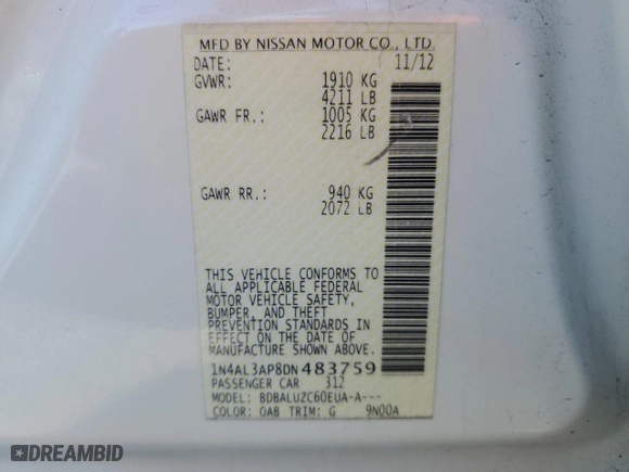 2013 Nissan Altima 2.5 SL with VIN 1N4AL3AP8DN483759, listed as a Copart auction lot 46096765 with 125,736 mi miles and Salvage Title. Bid and sale history available at carsss.com. Image 12.