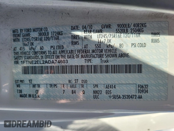 2010 Ford Econoline Cargo Commercial z VIN 1FTNE2EL2ADA74603, wystawiony jako IAAI lot #42511184 z przebiegiem 161 715 mil mil oraz . Historia ofert i sprzedaży dostępna na DreamBid. Obrazek 29.