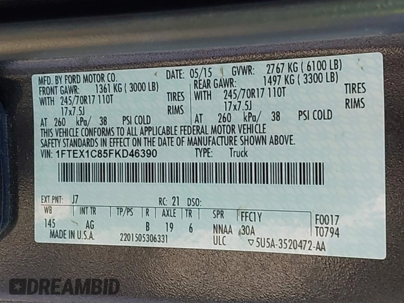 2015 Ford F-150 XL with VIN 1FTEX1C85FKD46390, listed as a IAAI auction lot 41367960 with 209,889 mi miles. Bid and sale history available at carsss.com. Image 9.