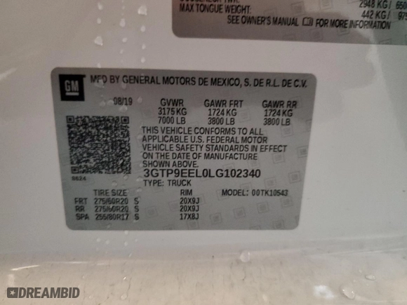 2020 GMC Sierra 1500 AT4 with VIN 3GTP9EEL0LG102340, listed as a Copart auction lot 49222405 with 108,474 mi miles and Salvage Title. Bid and sale history available at carsss.com. Image 14.