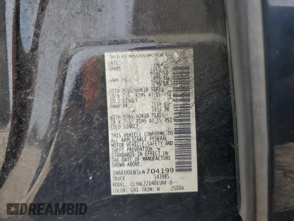 2020 Nissan Frontier SV with VIN 1N6ED0EB5LN704199, listed as a Copart auction lot 59577125 with 79,913 mi miles and Salvage title. Bid and sale history available at DreamBid. Image 12.