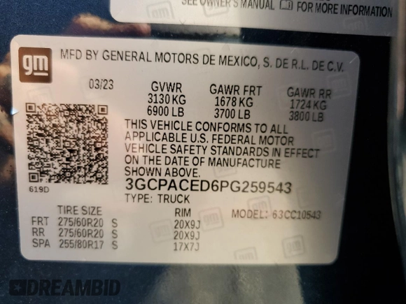 2023 Chevrolet Silverado 1500 LT with VIN 3GCPACED6PG259543, listed as a Copart auction lot 66206064 with 14,723 mi miles and Salvage Title. Bid and sale history available at DreamBid. Image 12.