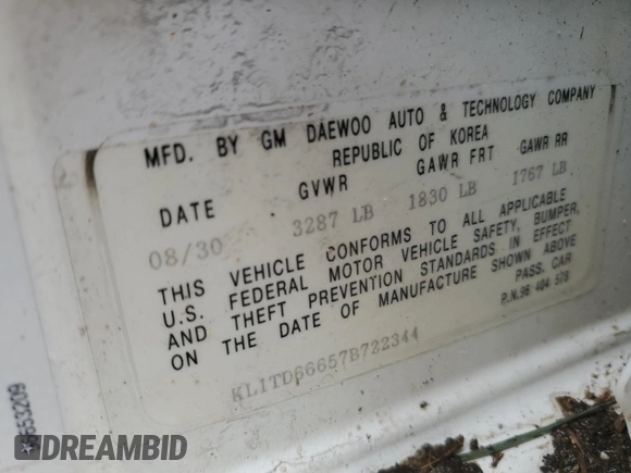 2007 Chevrolet Aveo LS with VIN KL1TD66657B722344, listed as a Copart auction lot 52046095 with 165,798 mi miles and Salvage title. Bid and sale history available at DreamBid. Image 12.