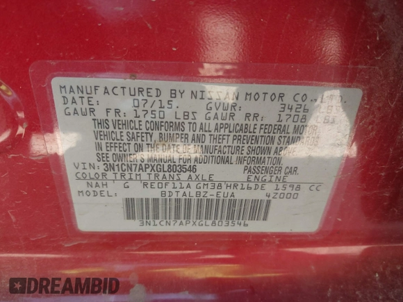 2016 Nissan Versa S z VIN 3N1CN7APXGL803546, wystawiony jako IAAI lot #42305879 z przebiegiem 150 815 mil mil oraz . Historia ofert i sprzedaży dostępna na DreamBid. Obrazek 9.