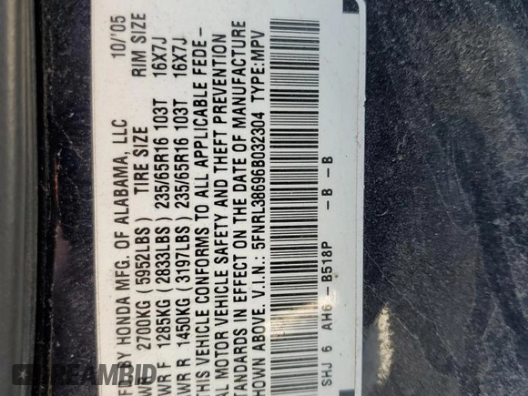2006 Honda Odyssey EX-L с VIN 5FNRL38696B032304, выставлен на аукционе Copart как лот 59104445 с пробегом Не указан миль и Чистый • Clean title. История ставок и продаж доступна на DreamBid. Изображение 14.
