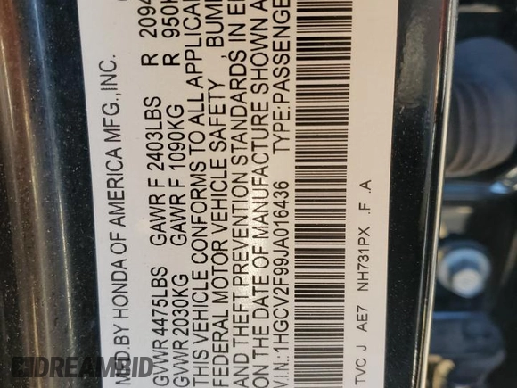 2018 Honda Accord Touring z VIN 1HGCV2F99JA016436, wystawiony jako Copart lot #53562445 z przebiegiem 137 626 mil mil oraz Szkoda całkowita • Salvage title. Historia ofert i sprzedaży dostępna na DreamBid. Obrazek 12.