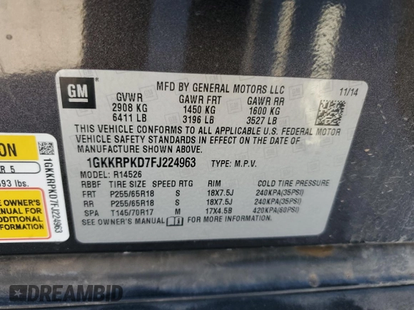 2015 GMC Acadia SLE with VIN 1GKKRPKD7FJ224963, listed as a Copart auction lot 43741755 with 141,885 mi miles and Salvage Title. Bid and sale history available at carsss.com. Image 15.