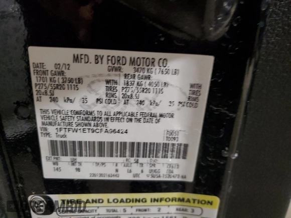 2012 Ford F-150 XL with VIN 1FTFW1ET9CFA96424, listed as a Copart auction lot 48671465 with 91,795 mi miles and Salvage Title. Bid and sale history available at DreamBid. Image 12.