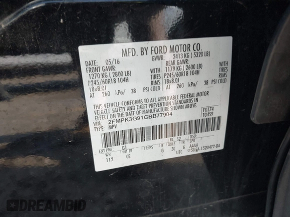 2016 Ford Edge SE with VIN 2FMPK3G91GBB77904, listed as a IAAI auction lot 42493227 with 122,160 mi miles and . Bid and sale history available at DreamBid. Image 9.