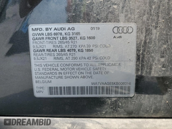 2019 Audi e-tron Prestige with VIN WA1VAAGE5KB006016, listed as a Copart auction lot 53279713 with 50,275 mi miles. Bid and sale history available at carsss.com. Image 14.