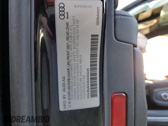 2019 Audi S4 Premium Plus with VIN WAUB4AF42KA034240, listed as a Copart auction lot 80744564 with 45,953 mi miles and Salvage Title. Bid and sale history available at carsss.com. Image 12.