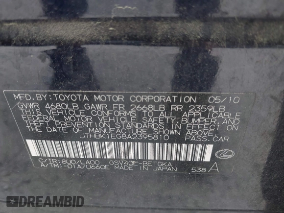 2010 Lexus ES 330 z VIN JTHBK1EG8A2395810, wystawiony jako IAAI lot #42134016 z przebiegiem 186 635 mil mil oraz . Historia ofert i sprzedaży dostępna na DreamBid. Obrazek 9.