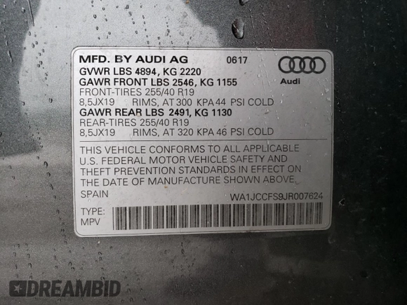 2018 Audi Q3 Premium Plus with VIN WA1JCCFS9JR007624, listed as a Copart auction lot 42453633 with 0 mi miles. Bid and sale history available at carsss.com. Image 15.